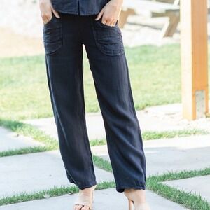 Splendid Iris Women's Sz M Linen Ruched Pocket Pants in Navy Blue, Elastic Waist